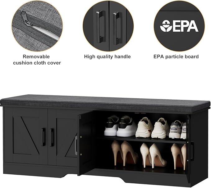 2-Tier Storage Bench, 47.2" Wide Shoe Bench with Padded Seat Cushion, Entryway Bench with 4 Barn Doors and Adjustable Shelf, Black