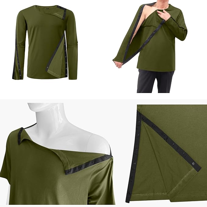 Unisex Post Shoulder Surgery Recovery Shirts - Full Tear Away Snap Long Sleeve Men Chemo Port Shirts for Men Women