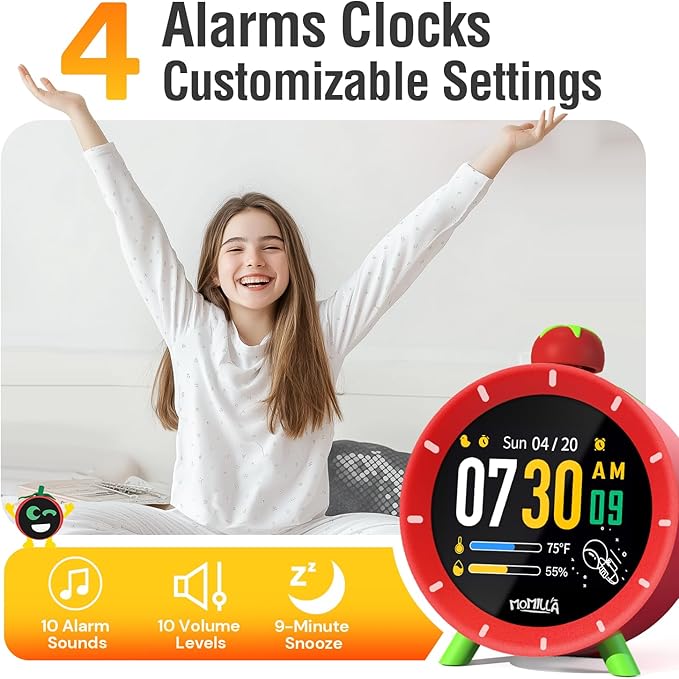 MOMILLA Kids Alarm Clock for Bedrooms, Colorful Display 7-Day Programmable 4 Alarms, Visual Timer with White Noise, Digital Clock Loud for Heavy Sleepers, Christmas Birthday Gifts for Girls Boys