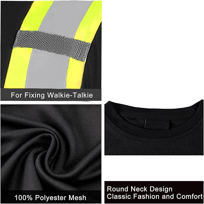 FONIRRA Hi Vis Shirts for Men Reflective ANSI Class 2 Safety Long Sleeve High Visibility Work Construction T Shirts Black