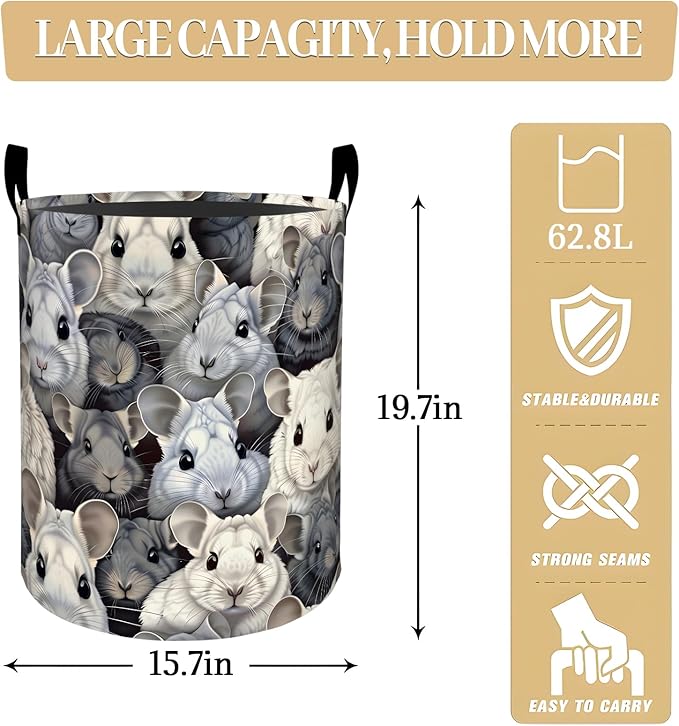 Cute Chinchilla Laundry Basket, Dorm Nursery Foldable Laundry Hamper Organizer for Bathroom Decor, Toy Clothes Storage Box for Bedroom 19.7x15.7 Inch