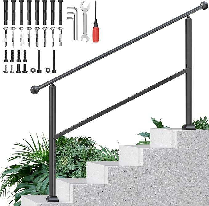 5-Step Outdoor Stair Handrail Kit, Heavy Duty Aluminum Alloy Adjustable Height with Powder Coated Black Metal Finish Complete Installation Hardware & Tools Included for Concrete Porch Deck Brick