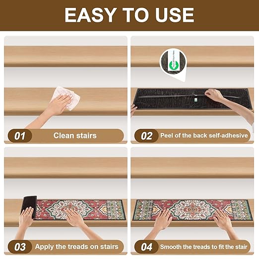 Non Slip Stair Treads for Wooden Steps Indoor, Red, 15pcs, 30"X8", Soft Carpet Mat, Machine Washable Boho Carpet Treads with Reusable Adhesive Backing, Safety Stair Tread for Dogs, Kids, Elders