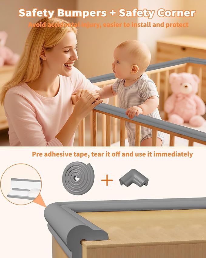 Edge Protector for Baby Proofing, 6.6FT 0.67’’Th L-Shape Air Buffering Soft NBR Rubber Foam Furniture Edge Bumper Guards with 6 Corners, Pre-Taped, Thick Table Bumper Guard for Babies (Grey)