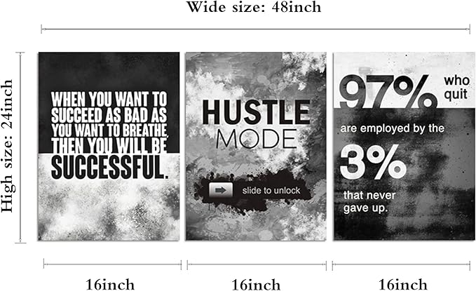 Motivational Office Wall Decor, Inspirational Canvas Wall Art, 3 Pieces Hustle Posters Prints Entrepreneur Success Quote Wall Decor for Lobby Meeting Room Hallway Living Room(48”Wx24”H)