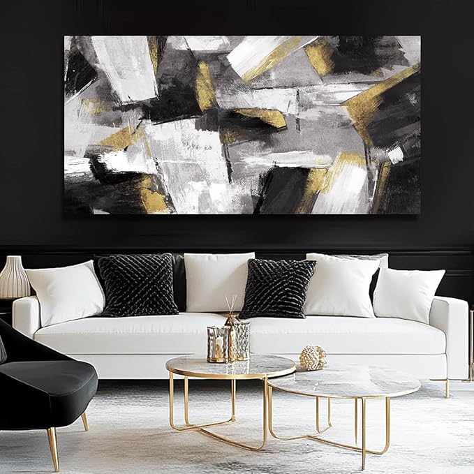 SOUGUAN Black and Gold Block Canvas Art Modern Wall Decor for Living Room Abstract Wall Art White Painting 24x48 Inch Office Hanging Artwork