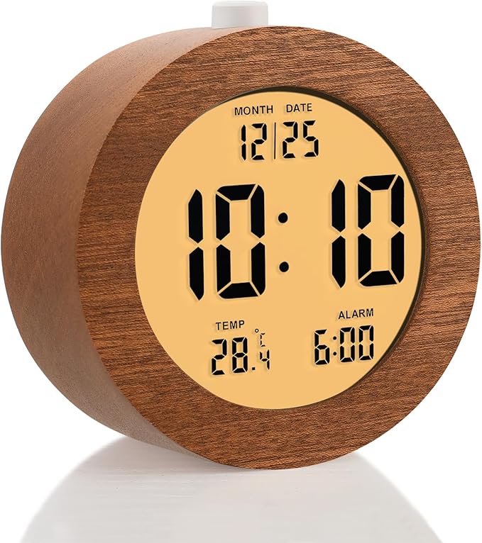 Plumeet Wooden Digital Alarm Clock for Bedrooms, Wood 4'' Battery Powered Alarm Clock with Snooze and Nightlight, Electronic LCD Desk Clock Display Time, Date, Temp, 12/24H, Wood Décor, Round, Sapele