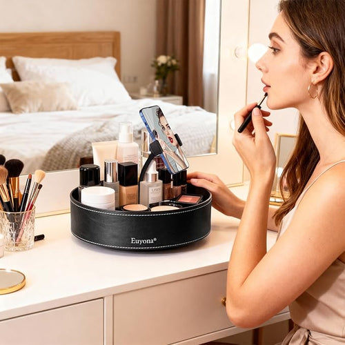 11.4 Inch Lazy Susan Turntable Organizer - 6 Removable Compartments with Phone Holder, 360° Rotating for Cabinet/Counter/Table. Spacious Storage for Food, Spices, Cosmetics & More. (Black)