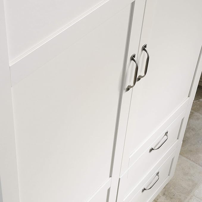 Sauder Select Multipurpose Bedroom Armoire Wardrobe Closet Pantry Storage Cabinet with Storage Drawers and Hanging Rail, in Soft White finish