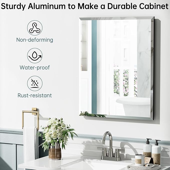 24" x 30" Metal Framed Medicine Cabinet, Bathroom Medicine Cabinet with Mirror, Adjustable Shelves, Tempered Glass Design, Recessed Mirrored Medicine Cabinets for Storage,Black