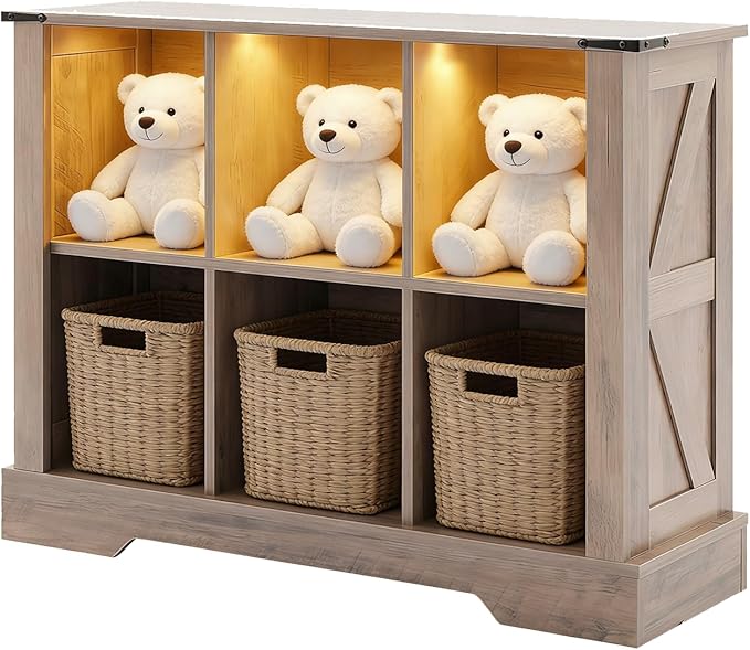 6 Cube Bookcase, Wooden Cube Storage Organizer Shelf, Grey Horizontal Book Shelf with LED Lights, Freestanding Display Cabinet for Living Room, Hallway TV Stand for Entryway