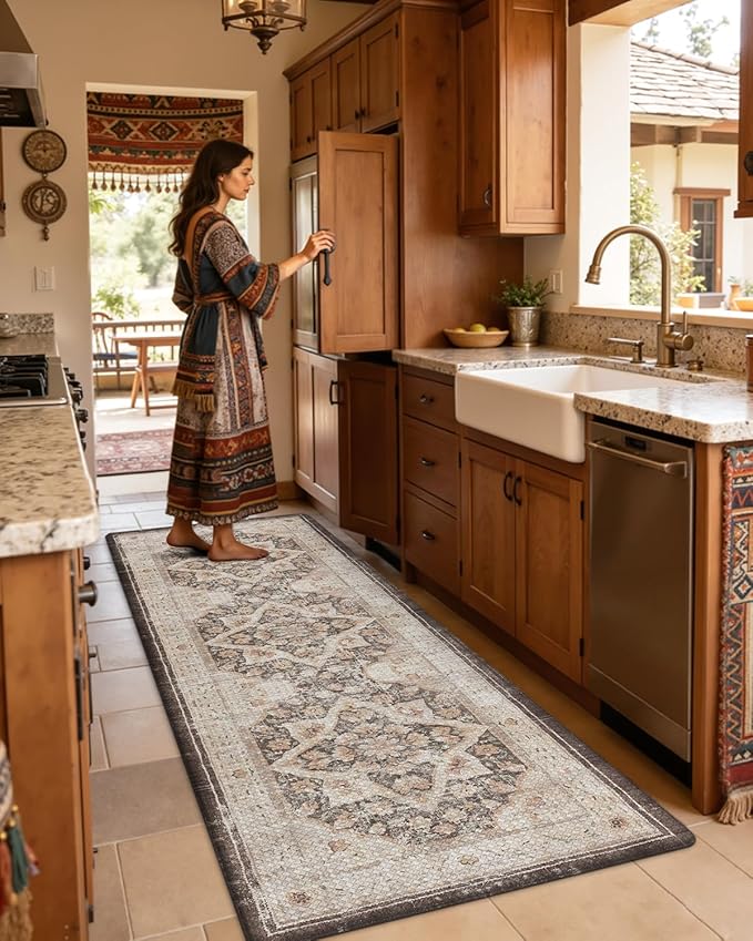 DEXI Kitchen Floor Mats Anti Fatigue, 23x59 Large Cushioned Vintage Runner Rug Waterproof, Standing Comfort Memory Foam Padded for Front Sink Laundry Office, Beige and Brown