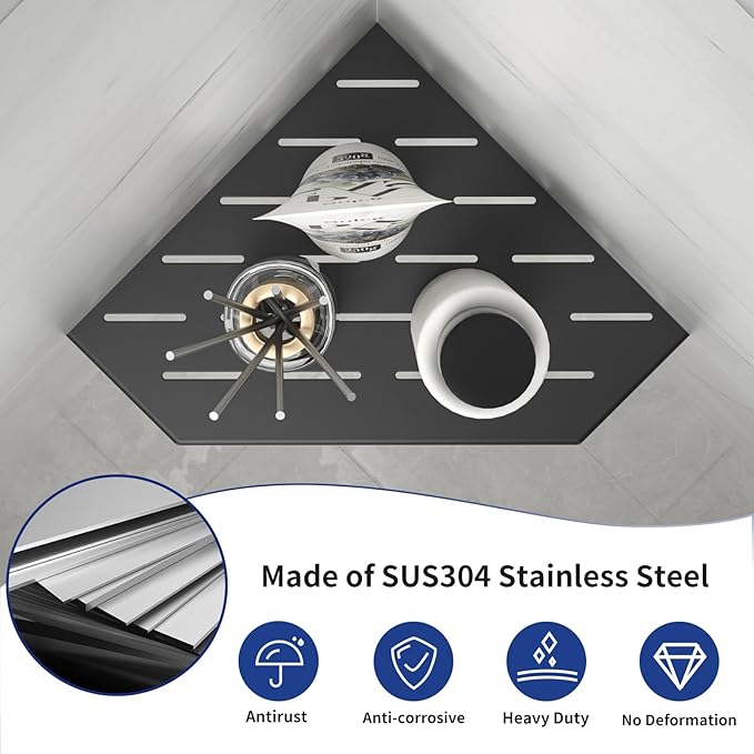 10'' Corner Bathroom Shelf, 304 Stainless Steel Pentagonal Recessed Shelf, Grout in Shower Shelf for Tiled Wall