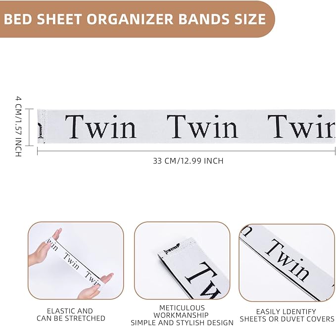4PCS Bed Sheet Organizer Bands, Storage Labels and Sheet Keepers for Linen Closet - Elastic Bedding Straps for Foldable Bed Sheet, Pillow Case, Duvet (Twin)