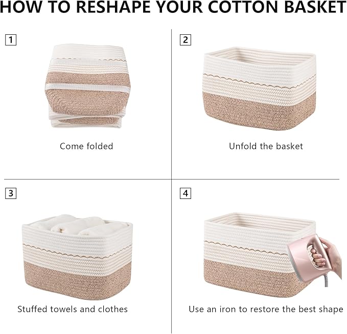 4 Pack Storage Baskets for Organizing, 13"X9"X7.87", Decorative Cotton Rope Baskets with Wave-Patterned Embroidery for Shelves, Small Woven Basket for Toys, Books and Towels, Brown & White