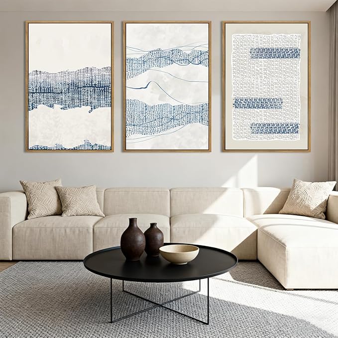 IARTTOP Large Blue Abstract Canvas Wall Art Framed 24x36 Inch Neutral Minimalist Modern Wall Art Mid Century Boho Artwork for Living Room Bedroom Office Set of 3