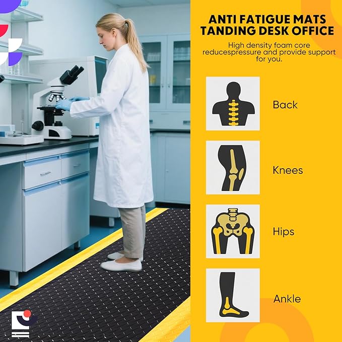 3'x12' Anti-Fatigue Mat ESD Conductive Pad with Ground Wire, Ergonomic Standing Floor Mat Heavy-Duty Diamond Plate Surface for Commercial&Industrial Work, Thick 3/4” Black with Yellow Border