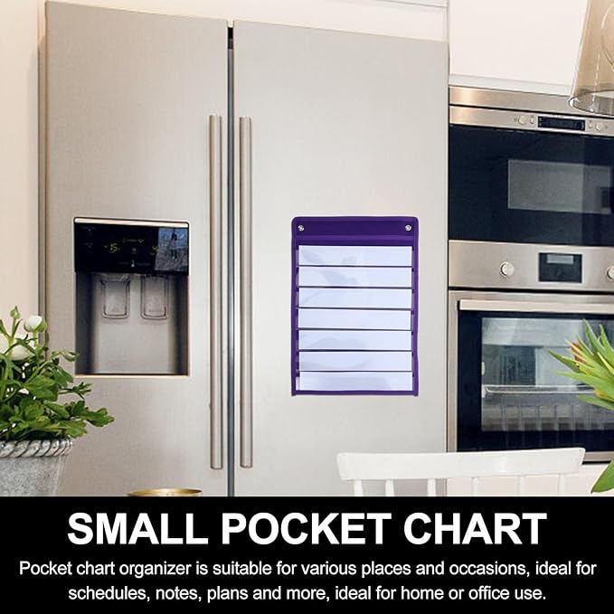 Hanging Pocket Chart Organizer Pouch Polyester Iron Material 10 Dry Erase Cards for Classroom, Wall or Door, Schedule Memo Note Storage Bag Purple