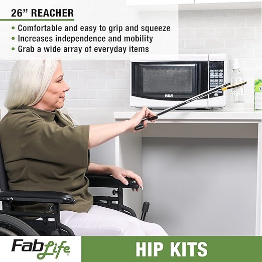 FabLife Hip Kit Daily Living Aids for Mobility, Hip Replacement Recovery, Knee and Back Surgery Includes Grabber Reacher, Bath Sponge Stick, Flexible Sock Aid, Shoehorn