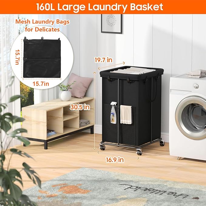 160L Laundry Basket with Wheels, Rolling Laundry Hamper with Removable Bag and Metal Frame for Dirty Clothes - Bedroom/Laundry Room/Bathroom Applicable （Large & Tall）