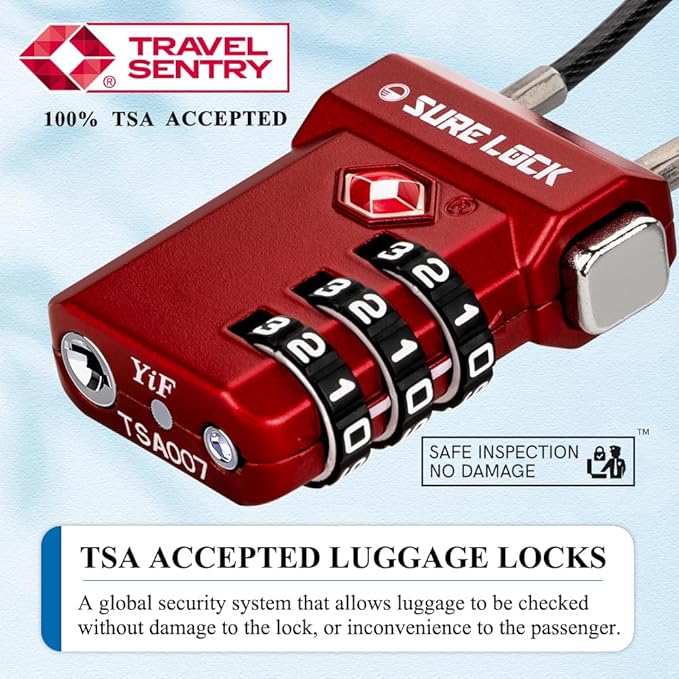 SURE LOCK TSA Approved 3-Digit Combination Luggage Locks – Open Alert Indicator, Re-settable Code with Zinc Alloy Body, Easy-Read Dials for Suitcase, Backpack, Gym Locker & Toolbox (Multiple Colors)
