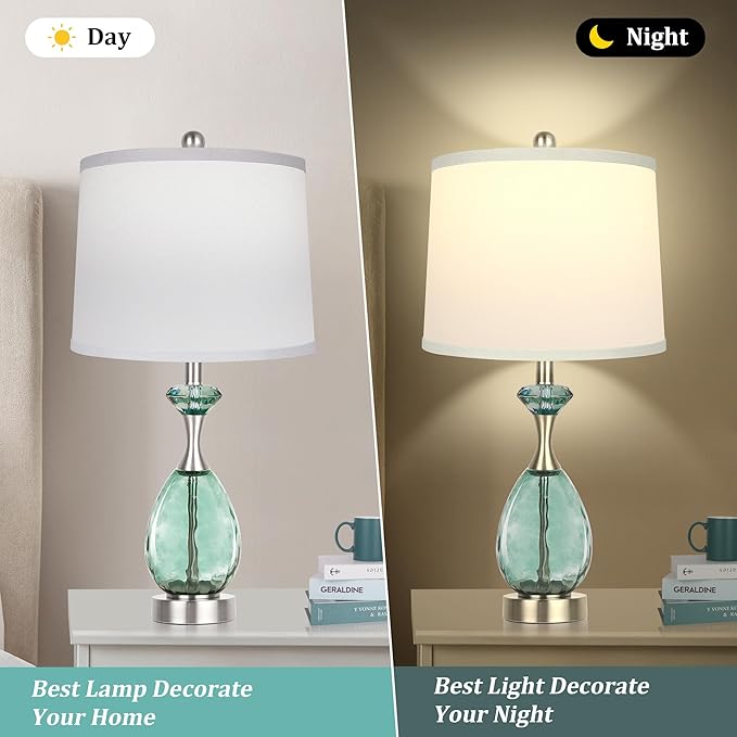 Hamucd Coastal Glass Table Lamps Set of 2, 3-Way Dimmable Touch Control Nautical Lamp with USB A+C Ports,Bedside Lamps Beach Decor, Modern Nightstand Lamps with 2 LED Bulbs for Bedroom Living Room