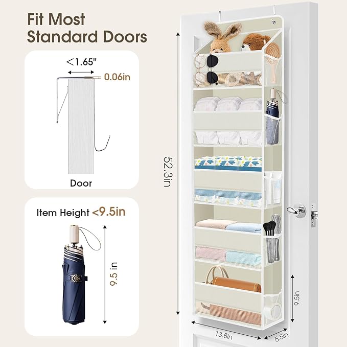 2 Pack Over The Door Organizer, Hanging Storage Organizer with Clear Window, 40lb Ultra Sturdy Large Capacity Room Organizer for Pantry Laundry Bathroom Nursery Closet (Beige)