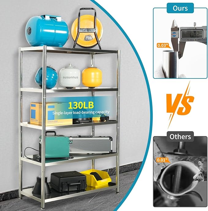 susunnus 3-Tier Stainless Steel Shelf, Heavy Duty Shelving for Kitchen, Garage, Industrial Storage, Kitchen Shelves Adjustable Feet, Easy to Clean(35.8in*15.8without Guardrails)