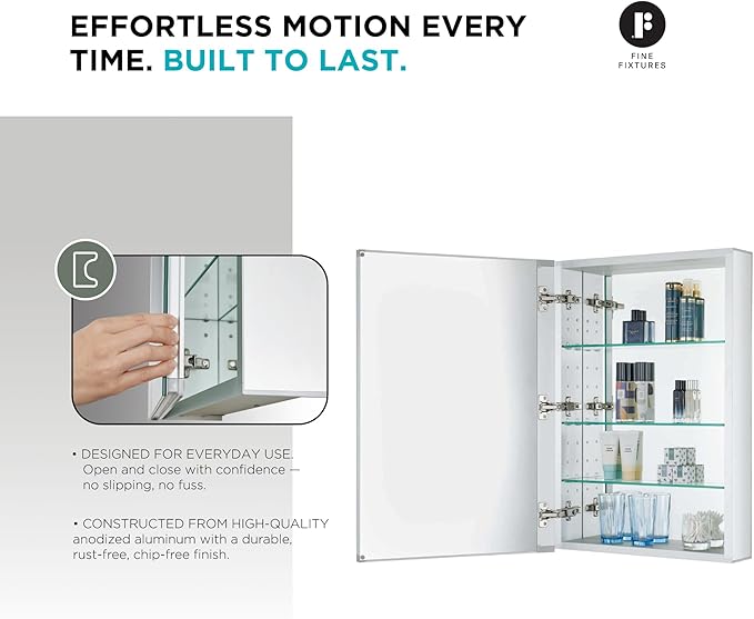 Fine Fixtures Bathroom Medicine Cabinet - Single Door, Aluminum, Recessed/Surface Mount, 24" x 36", Right/Left Hinged, Mirrored Interior