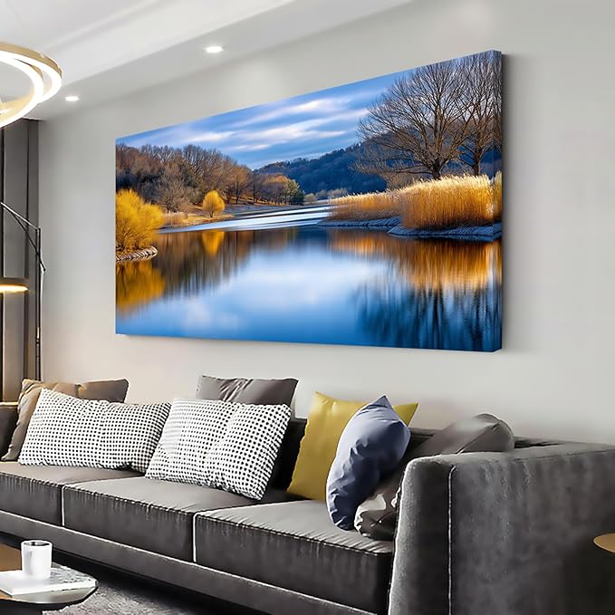 Beautiful Yellow Forest Park Wall Art for Living Room Office Calm Lake Blue Painting Prints Nature Autumn Canvas Artwork Over The Couch Bedroom Decor