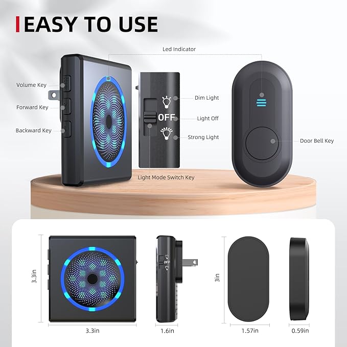 CallToU Hearing Impaired Doorbell with Strobe Light & 55 Melodies, 1000ft Long Range Wireless Door Bell for Elderly/Senior Adjustable Volume, IPX5 Waterproof Call Button 1 + Plug-in Receivers 2