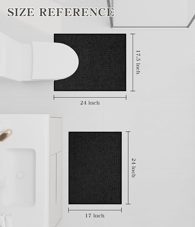 chakme 2 Piece Bathroom Rug Set, Ultra Thin Bath Mat, Quick Dry, Absorbent, Non Slip, Machine Washable, Black, 17" x 24"