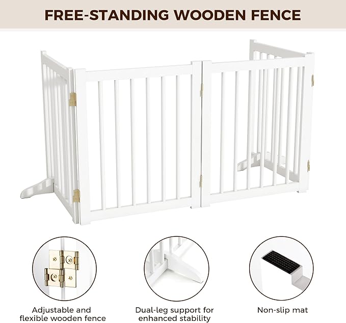 Solid Wood Freestanding Pet Gate - 4 Panels 24" - Folding Safety Fence with 2 Support Feet - Ideal for Stairs, Doorways, Halls, Kitchens - Indoor Wooden Dog Gate - White Color