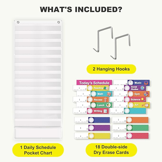 Eamay Daily Schedule Pocket Charts, Teaching Scheduling Pocket Chart, Hoom, Eamay Daily Scheduling Pocket Chart, Pocket Chart with 13+1 Pockets, 18pcs Dry Erase Cards and 2 Hooks (White)