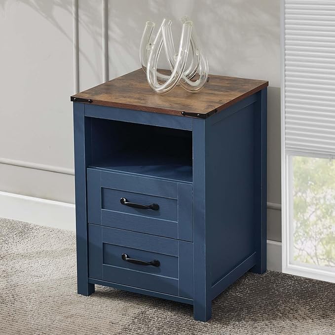Blue Rustic Night Stand Set of 2, Farmhouse End Table, Modern Bedside Table with 2 Storage Drawers and Open Shelf, Tall Nightstand for Bedroom