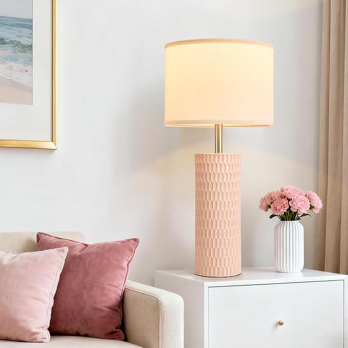 26.5" Ceramic Table Lamp, Table Lamp for Living Room, Pink Lamp for Bedroom, Night Stand Lamps, Modern Bedside Lamp Set of 2, End Table Lamps, Pink