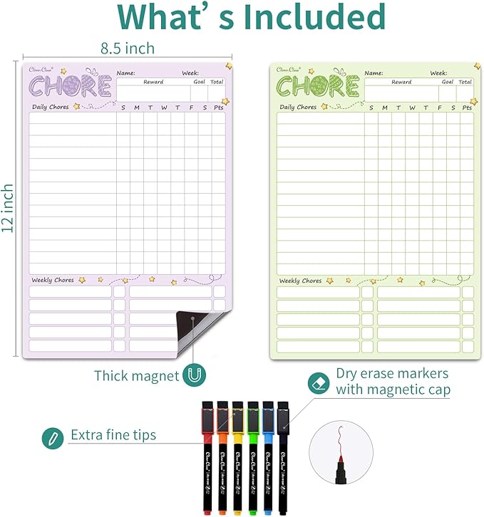 Magnetic Dry Erase Chore Chart - 8.5"x12" Behavior Responsibility Chore Board for Kids, Teenagers - 6 Extra Fine Point Markers Included - Shipped Flat 2 Pcs