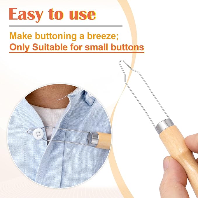 Easy Button Hook, Steel Button Helper Tool for Elderly, Wide Wood Handle Buttons Fastener Device Assist Dressing Aid Tool for Seniors One Hand - 1 Pack, Small Button