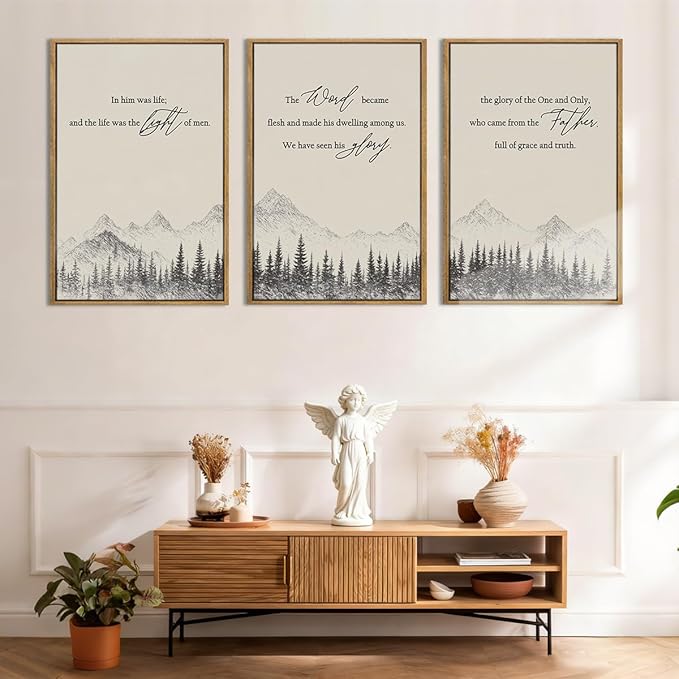 IARTTOP Extra Large Christian Bible Verse Framed Wall Art 24x36 Inch Set of 3 Jesus Catholic Biblical Scripture Canvas Wall Decor Minimalist Grey Mountain Landscape Prints for Living room Dining room