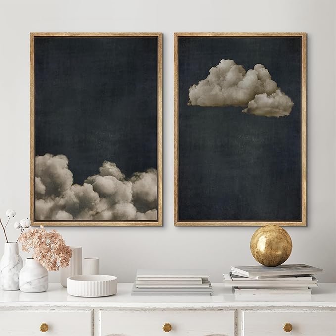 MUDECOR Framed Canvas Print Wall Art Vintage Cloudscape Dark Moody Sky with Floating Clouds Illustrations Modern Art Decorative Chic for Living Room, Bedroom, Office - 16"x24"x2 Natural