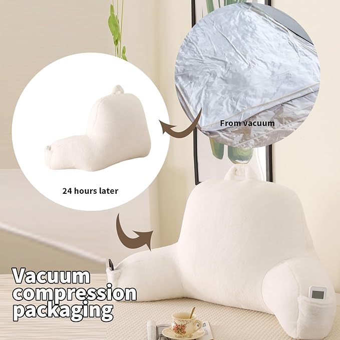 Reading Pillow for Sitting in Bed, Large Backrest Reading Pillow with Arm Rest,Back-Rest Support Cushion for Sit Up on Couch, Sofa, and Floor, Dorm Essentials (White Faux Fur, Large(19"))