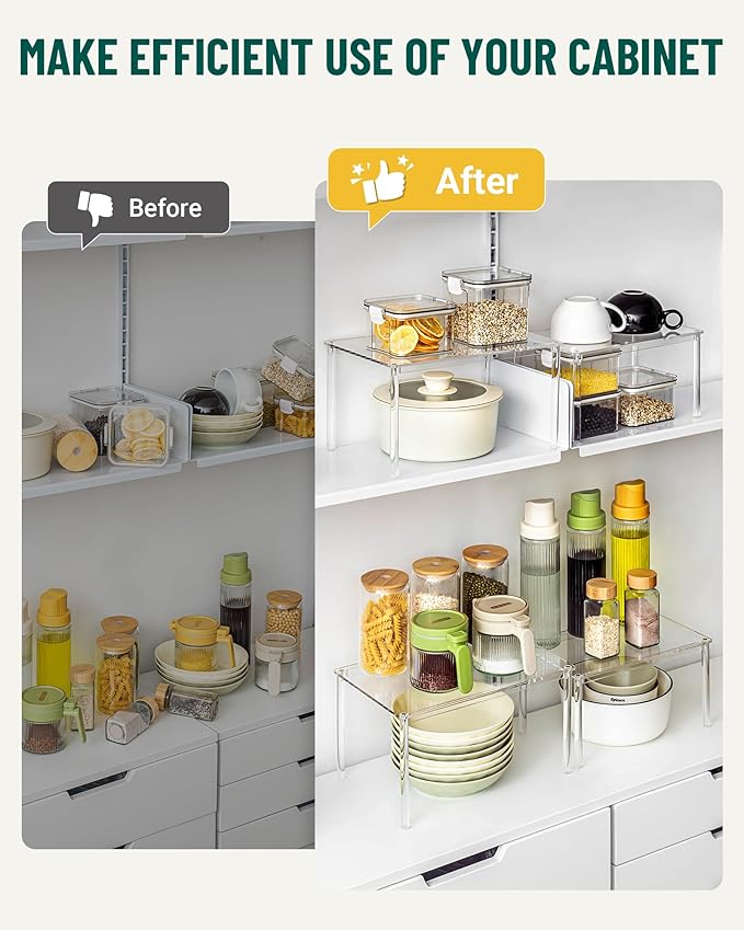 Acrylic Cabinet Organizer, Set of 4 Spice Rack Organizer for Cabinet, Desk Countertop Shelf Organizer, Pantry Kitchen Storage and Organization, Stackable Shelves House Essentials for Gift
