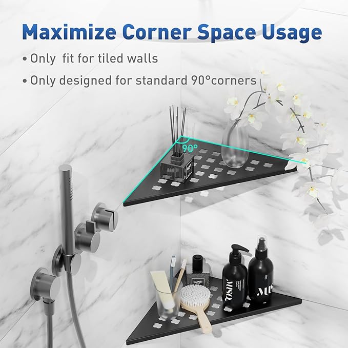 lives Shower Corner Shelf 10" Slot Design Corner Shelves for Inside Shower, 304 Stainless Steel Recessed Bathroom Shelves for Tiled Wall, Black 2 Pack (Floral)