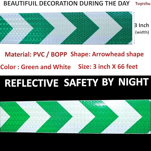 Green and White Reflective Tape Outdoor Waterproof 3 inch X 66 feet, High Visibility Conspicuity Safety Industrial Marking Tape