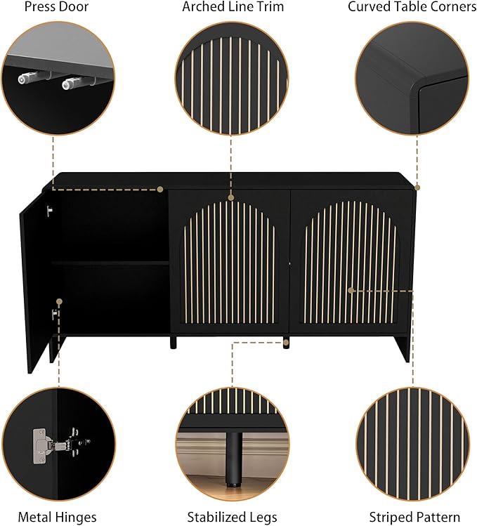 59" Sideboard Buffet Cabinet with Storage, Wood Arched TV Console Storage Cabinet with 3 Doors and Adjustable Shelf, Large Curved Accent Cabinet for Living Room Hallway Kitchen Dining Room, Black