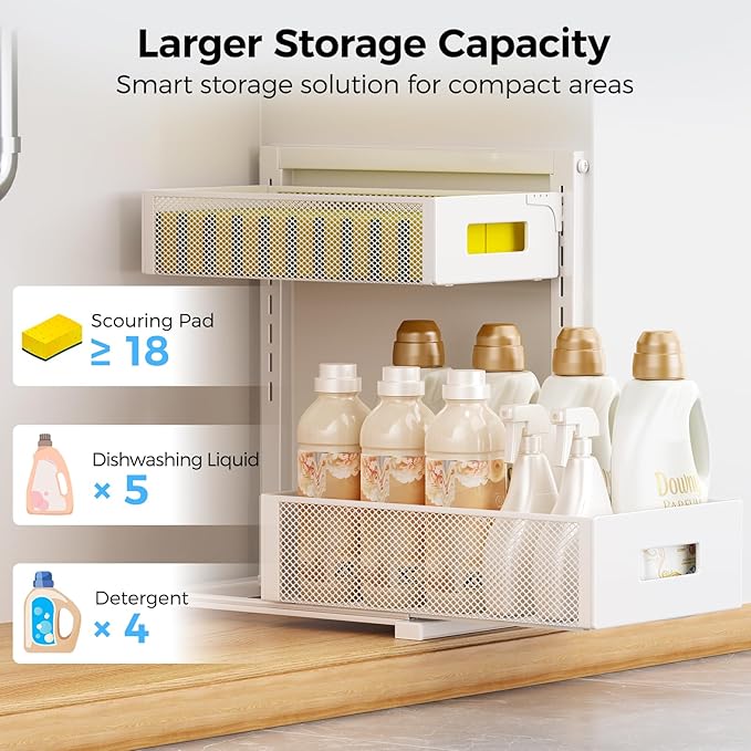2 Pack Under Sink Organizer, Adjustable Height Under Sink Organizers and Storage, Smooth & Silent Sliding Out Metal Drawer for Kitchen Bathroom Pantry Cabinet Closet (White)