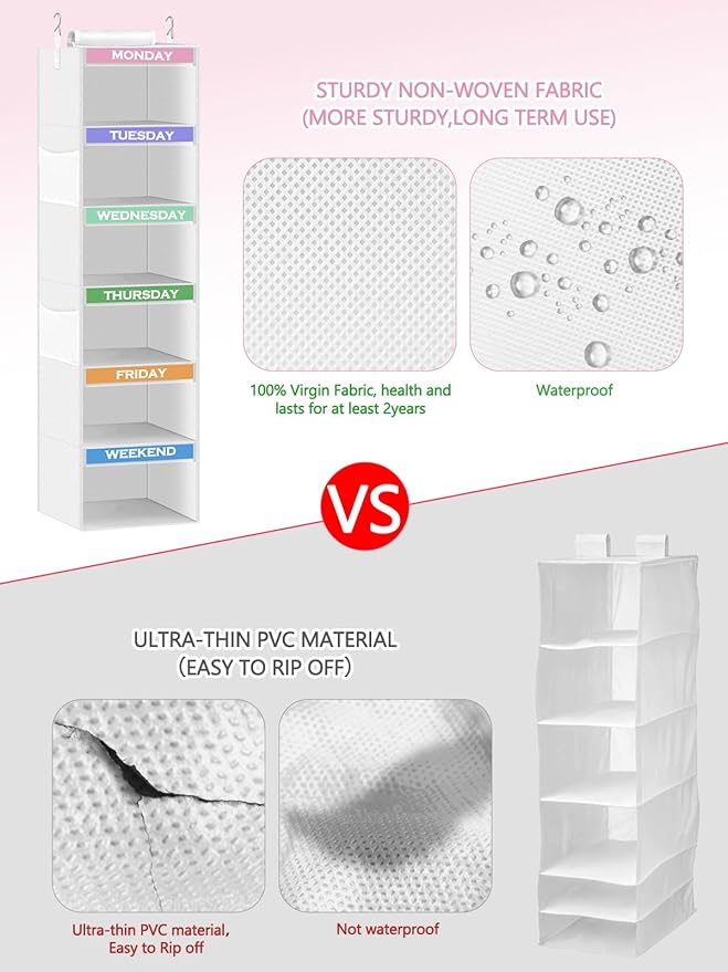 Weekly Clothes Organizer for Kids 6-Shelf Hanging Closet Organizer with Monday Through Friday Compartments & 2 Side Pockets – Space-Saving Clothes Storage for Children Closet Storage