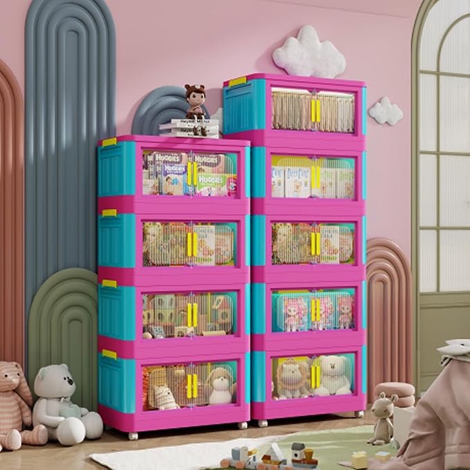 4 Tiers Folding Storage Cabinet,20" Side Wide Collapsible Storage Bins with Doors and Wheels, Space Saving Plastic Cabinet for Living Room, Office, Dorm, Rainbow