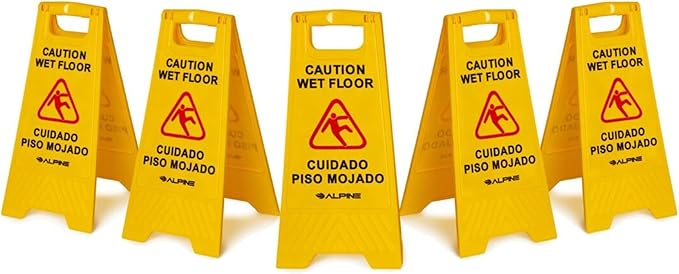 Alpine Caution Wet Floor Signs 5 Pack - 24 Inch, High Visibility Yellow Slippery When Wet Sign - Bilingual Safety Warning Sign to Easily Avoid Slippery Accidents in High Traffic Areas