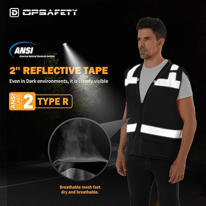Reflective Safety vest With back plan pocket,High visibility Class 2 Heavy Duty Surveyor Vest with Zipper,Hi Vis Vest ANSI/ISEA Standard, Construction Work Vest for Men＆Women(Black,4XL)